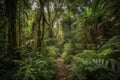 jungle trail winding its way through dense foliage, with glimpses of the sky above