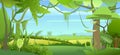 Jungle trees. Green landscape. Dense thickets. View from Tropical forest panorama. Southern Rural Scenery. Illustration