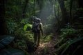 jungle trekker, with headlamp and backpack, on solitary journey through the jungle