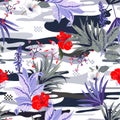 Jungle Tropical floral red and white hibiscus flowers seamless palm trees pattern print on camouflage monotone blue background