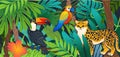 Jungle tropical illustration. Forest animal, pattern summer. Abstract background. Toucan drawing, different parrot Royalty Free Stock Photo