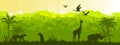 Jungle vector forest silhouette landscape, green tropical nature background, leopard, giraffe, rhino. Royalty Free Stock Photo