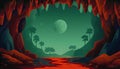 Jungle vector landscape. Cave landscape with an underground red river and forest. Vector illustration in flat cartoon