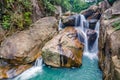 Jungle waterfall with flowing water, large rocks Royalty Free Stock Photo