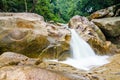 Jungle waterfall with flowing water, large rocks Royalty Free Stock Photo