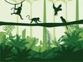 jungle wild nature green color landscape with monkeys and parrots scene