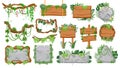 Jungle wooden and stone signs. Tropical game ui elements, signboards, panels, frames, borders and buttons with lianas Royalty Free Stock Photo