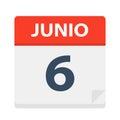 Junio 6 - Calendar Icon - June 6. Vector illustration of Spanish Calendar Leaf Royalty Free Stock Photo