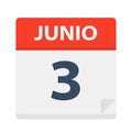 Junio 3 - Calendar Icon - June 3. Vector illustration of Spanish Calendar Leaf Royalty Free Stock Photo