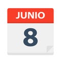 Junio 8 - Calendar Icon - June 8. Vector illustration of Spanish Calendar Leaf Royalty Free Stock Photo