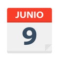 Junio 9 - Calendar Icon - June 9. Vector illustration of Spanish Calendar Leaf Royalty Free Stock Photo