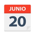 Junio 20 - Calendar Icon - June 20. Vector illustration of Spanish Calendar Leaf