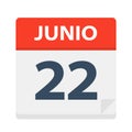 Junio 22 - Calendar Icon - June 22. Vector illustration of Spanish Calendar Leaf Royalty Free Stock Photo