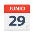 Junio 29 - Calendar Icon - June 29. Vector illustration of Spanish Calendar Leaf Royalty Free Stock Photo