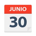 Junio 30 - Calendar Icon - June 30. Vector illustration of Spanish Calendar Leaf Royalty Free Stock Photo