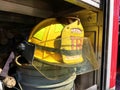 Bright Yellow Firefighter Helmet, Junior, Rutherford, NJ, USA Royalty Free Stock Photo