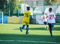 Junior football match. Soccer game for youth players. Boys in yellow and white uniform playing soccer match. Football stadium Royalty Free Stock Photo