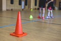 Junior teenage school team of kids children play basketball, players in the hall indoor venue court, sports team during the game, Royalty Free Stock Photo