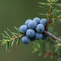 Juniper berries (Juniperus communis) are clustered on a branch with needle-like Royalty Free Stock Photo