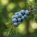 Juniper berries (Juniperus communis) are clustered on a branch with sharp, needle- Royalty Free Stock Photo
