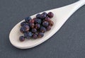 Juniper berries in a wood spoon Royalty Free Stock Photo