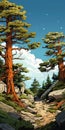 Juniper Forest In Rocky Mountains: Detailed Vector Illustration On Forest Pathway