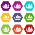 Junk boat icon set color hexahedron Royalty Free Stock Photo