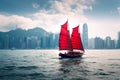 Junk boat with red sails in the sea, skyscraper in background, generative AI Royalty Free Stock Photo