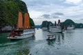 Junk boats berthing at Surprise Cave Bay in Ha Long Bay, Vietnam