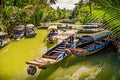 Junk boats on a small river in beautiful vietnamese landscape in the Mekong Delta for tourist tours. (Ho Chi Minh City, Vietnam -