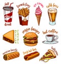 Junk Fast food, burger and hamburger, tacos and hot dog, burrito and beer, drink and ice cream. Vintage Sketch for logo Royalty Free Stock Photo