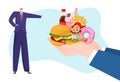 Junk fast food refusal, healthy lifestyle, good habits, rejection unhealthy meal, design cartoon style vector