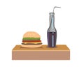 Junk food, fast food. Burger and soda