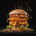 Junk food and fast food concept, exploding burger AI