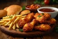 Junk food feast fried chicken, fries, and nuggets on table Royalty Free Stock Photo