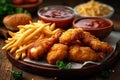 Junk food feast fried chicken, fries, and nuggets on table Royalty Free Stock Photo