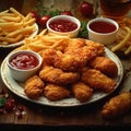 Junk food feast fried chicken, fries, and nuggets on table Royalty Free Stock Photo