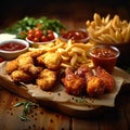 Junk food feast fried chicken, fries, and nuggets on table Royalty Free Stock Photo