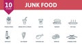 Junk Food icon set. Collection contain burger, french fries, drink with a straw, coffee and over icons. Junk Food elements set Royalty Free Stock Photo