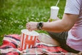 junk food popcorn soda drink ready for movie watching at open air cinema Royalty Free Stock Photo