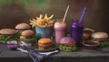 A junk food still life scene imagined as a painting with french fries, calorie drinks and hamburgers , generated by AI