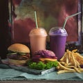 A junk food still life scene imagined as a painting with french fries, calorie drinks and hamburgers , generated by AI