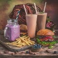 A junk food still life scene imagined as a painting with french fries, calorie drinks and hamburgers , generated by AI