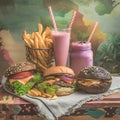 A junk food still life scene imagined as a painting with french fries, calorie drinks and hamburgers , generated by AI