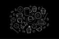 Junk food tasty doodle chalkboard illustration set. White chalk on a black board sketch. Hamburger soda ice cream fat Royalty Free Stock Photo