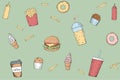 Junk food tasty doodle illustration pattern. Colorful sketch hamburger soda ice cream fat and sweet isolated graphic