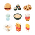 Junk food. Unhealthy products burger pizza hot dog fast food isometric vector pictures fast lunch