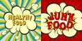 Junk and healthy food retro style images. Comic cartoon explosion with hypno rays background. Vector illustrations for diet and nu Royalty Free Stock Photo