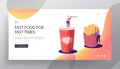 Junk Meal, Unhealthy Nutrition Website Landing Page, Tiny Characters, Huge French Fries and Cup with Soda Drink. People Eat Street