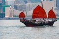 Junk with red sails crossing Victoria Harbour, Hong Kong Royalty Free Stock Photo